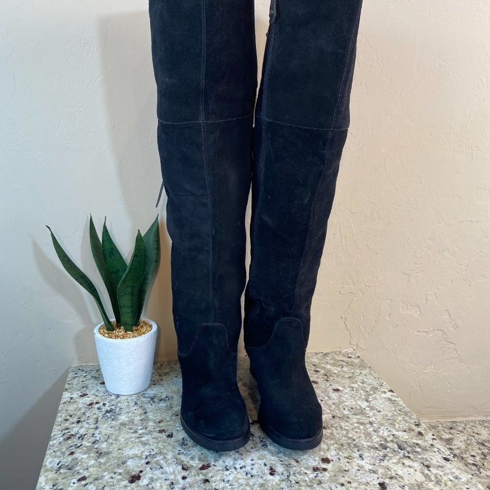 Womens Black Suede Over The Knee‎ Boots Lace Up Back Block Heel Size 8 - Picture 2 of 6